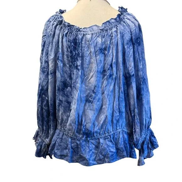 XL Ee:some Blue Tie‎ Dye Peasant Top Ruffle Long Sleeve Blouse - Picture 2 of 5